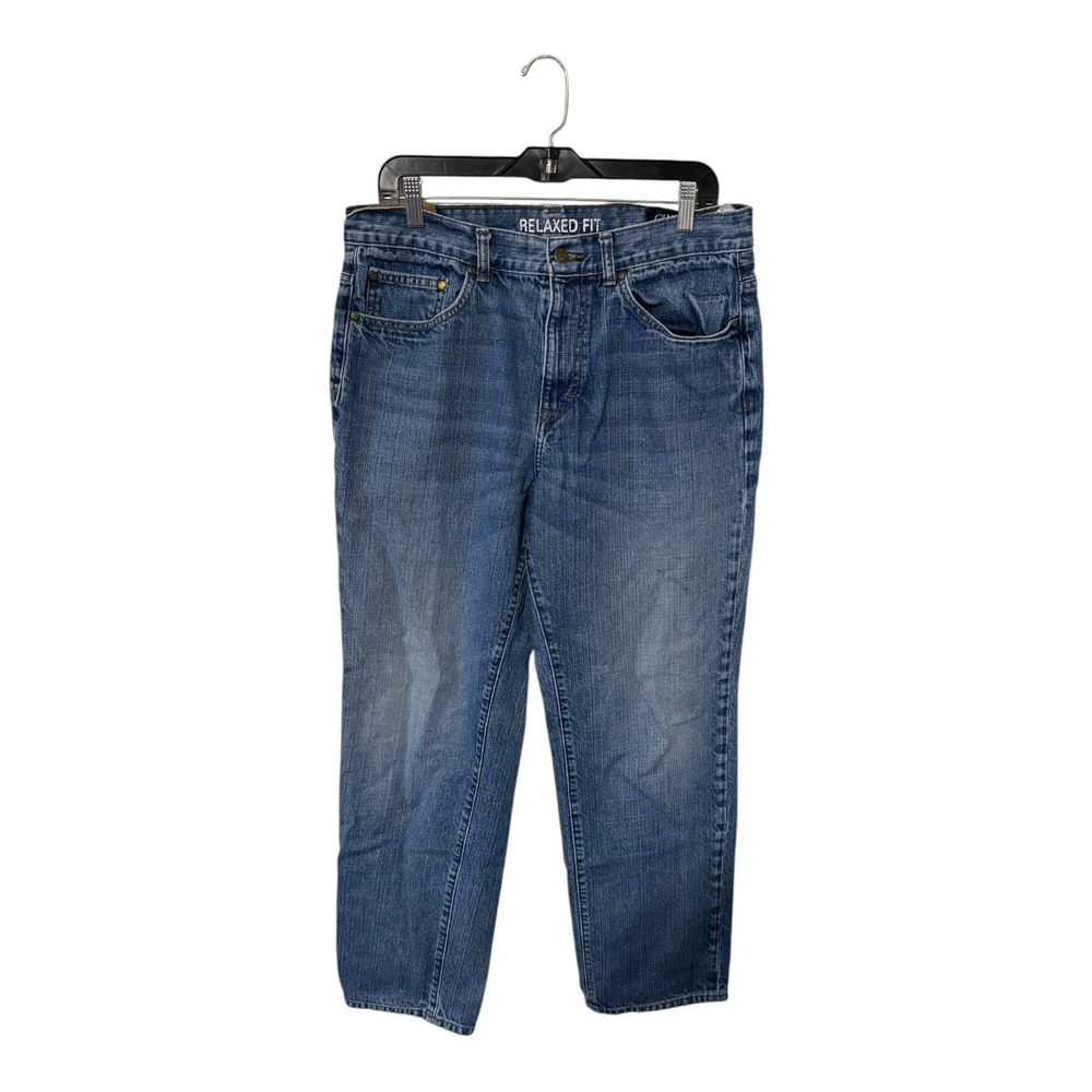 Chaps Denim Mens Relaxed Fit Medium Wash Blue Jeans 34x32 Cotton Distressed Hem